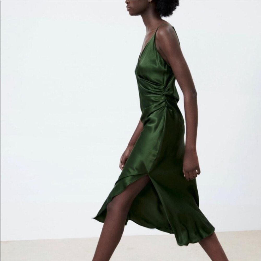 Emerald green satin wrap effect midi dress with slit - Zara M